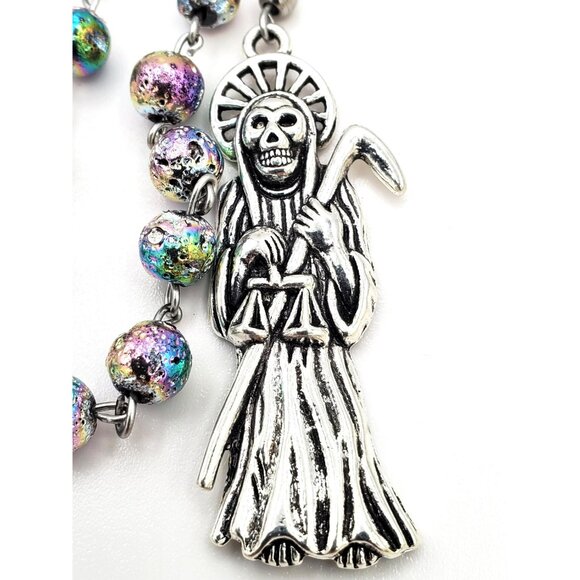 Handmade Electroplate Lava Santa Muerte Rosary Holy Death Amulet Prayer Beads - Picture 5 of 10